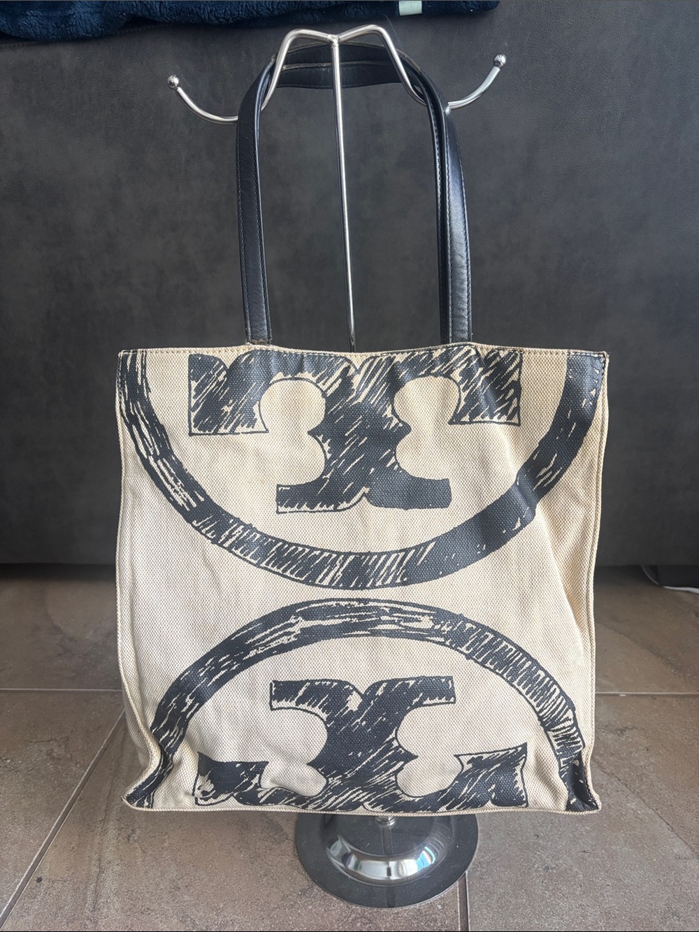Tory Burch Beige Canvas Tote with Black Logo Print and Black Straps